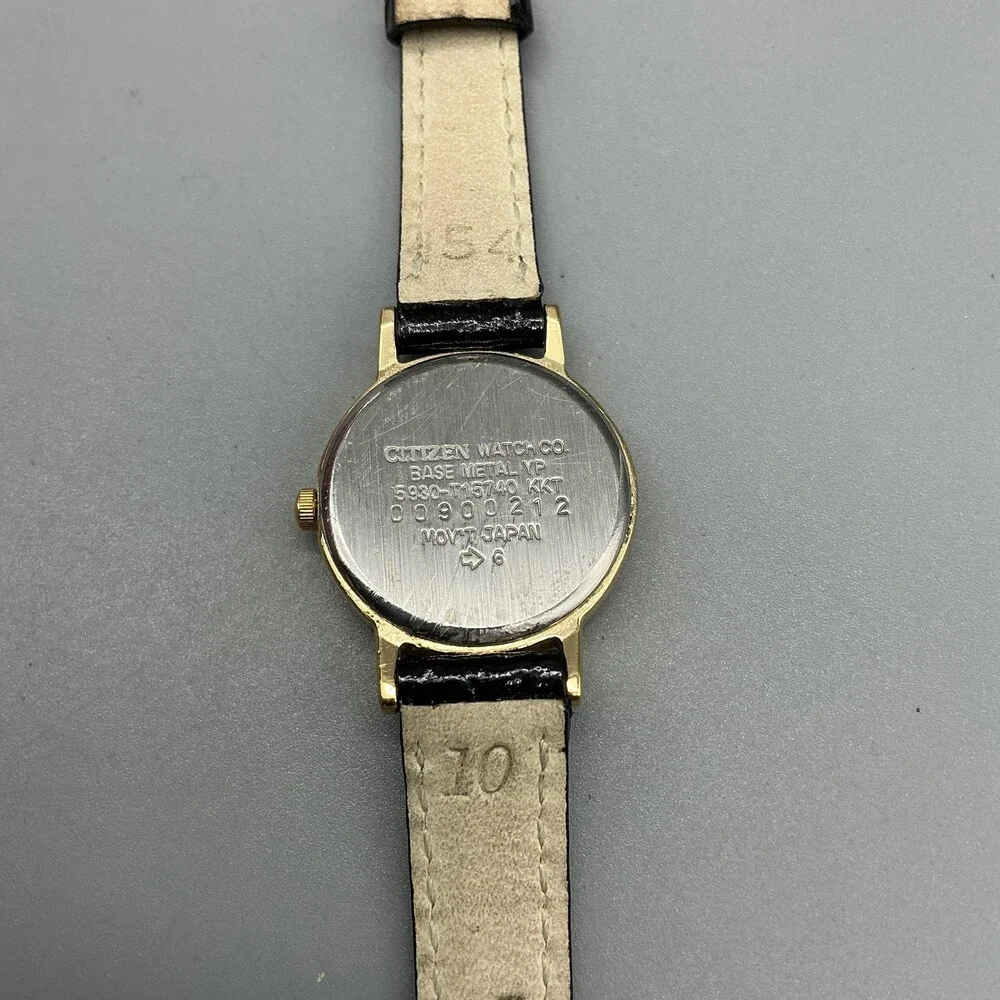 Vintage Citizen Womens Watch 21mm Champagne Gold Tone Black Leather New Battery